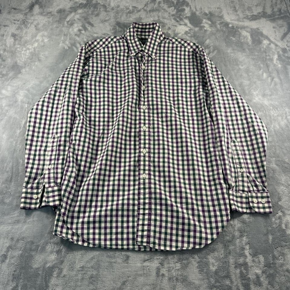 Purple and white‎ checked button-up shirt
